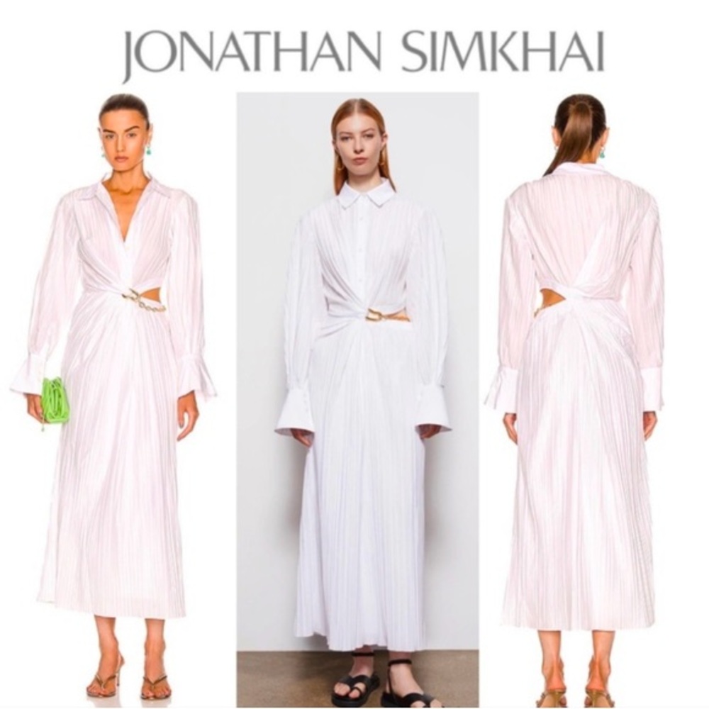 Jonathan Simkhai White Long Sleeve Dress with Cut-Out and gold chain detail
